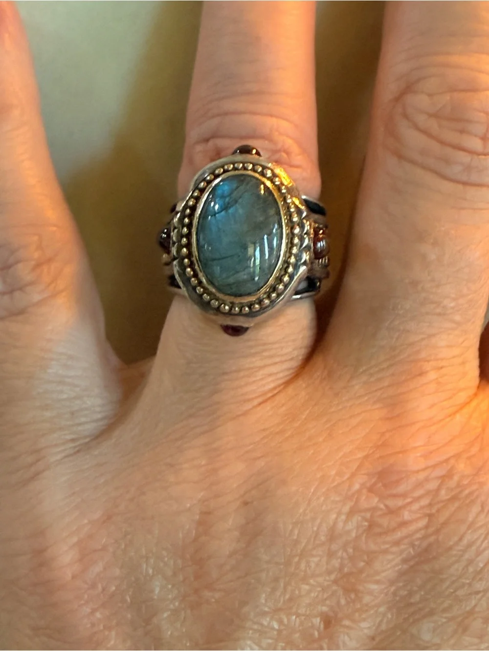 Sterling Silver and Brass Oval Labradorite and Garnet Cabochon Ring sz 6
